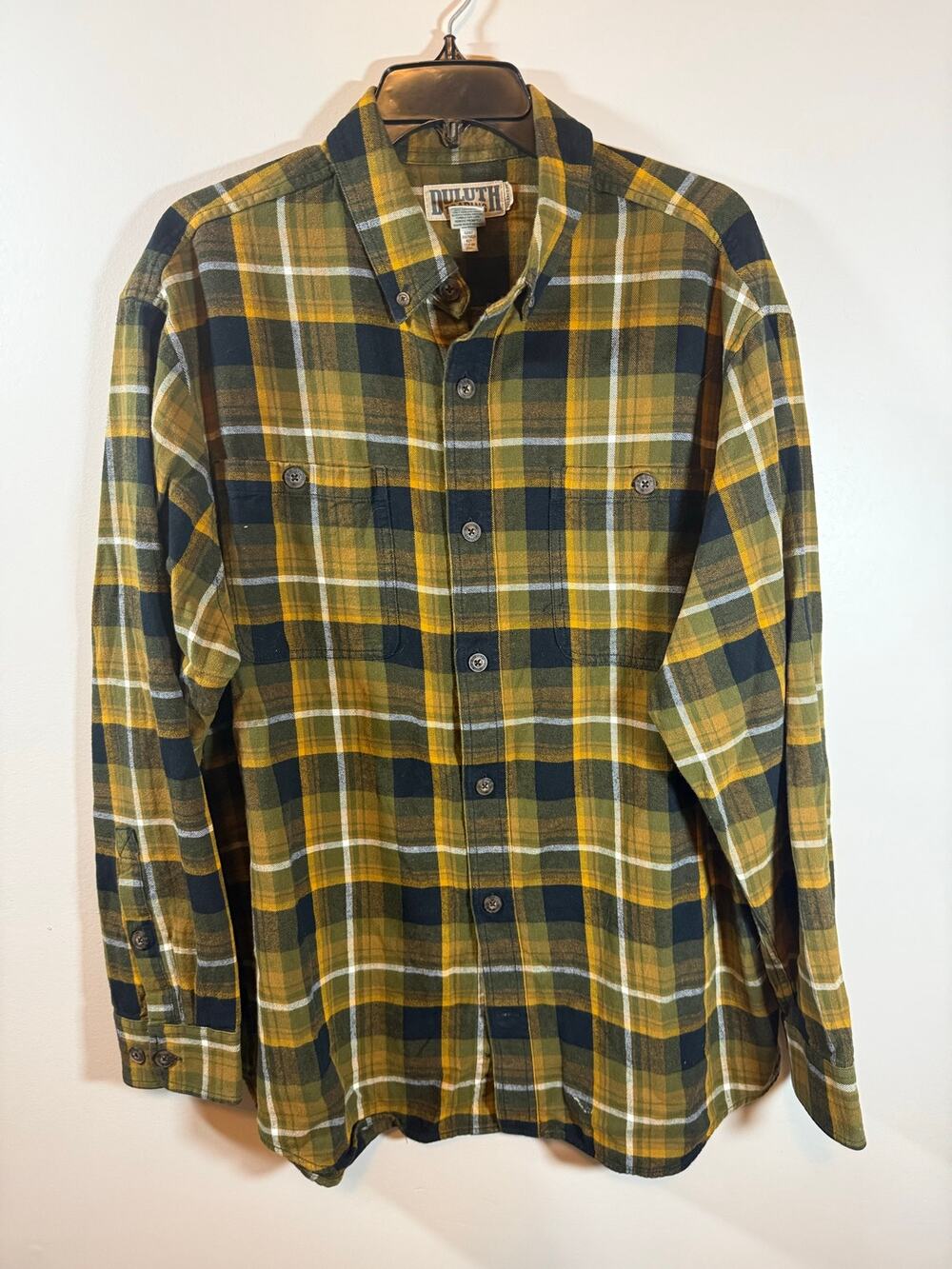 Men’s L Duluth Brown and Yellow Plaid Relaxed Fit Rugged Outdoor Button Up Shirt